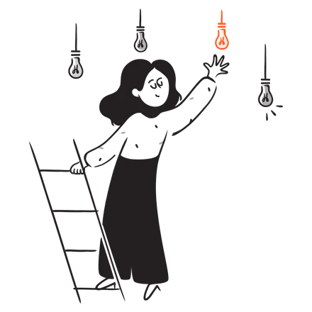 A woman on a ladder picking one idea out of several